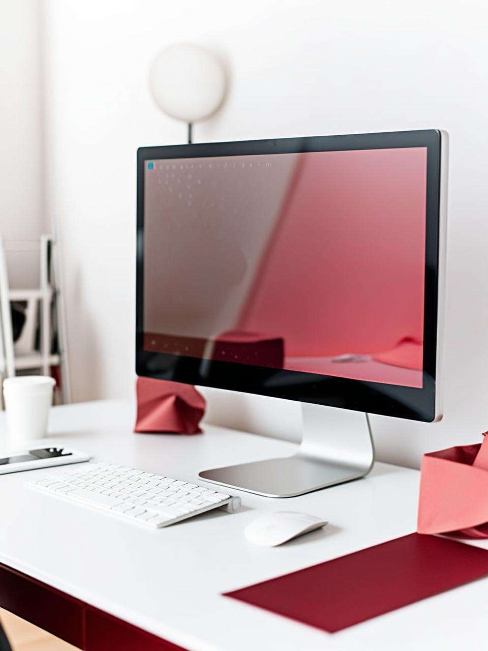 A minimalist white desk showcasing a computer and mouse, ideal for a sleek office environment.