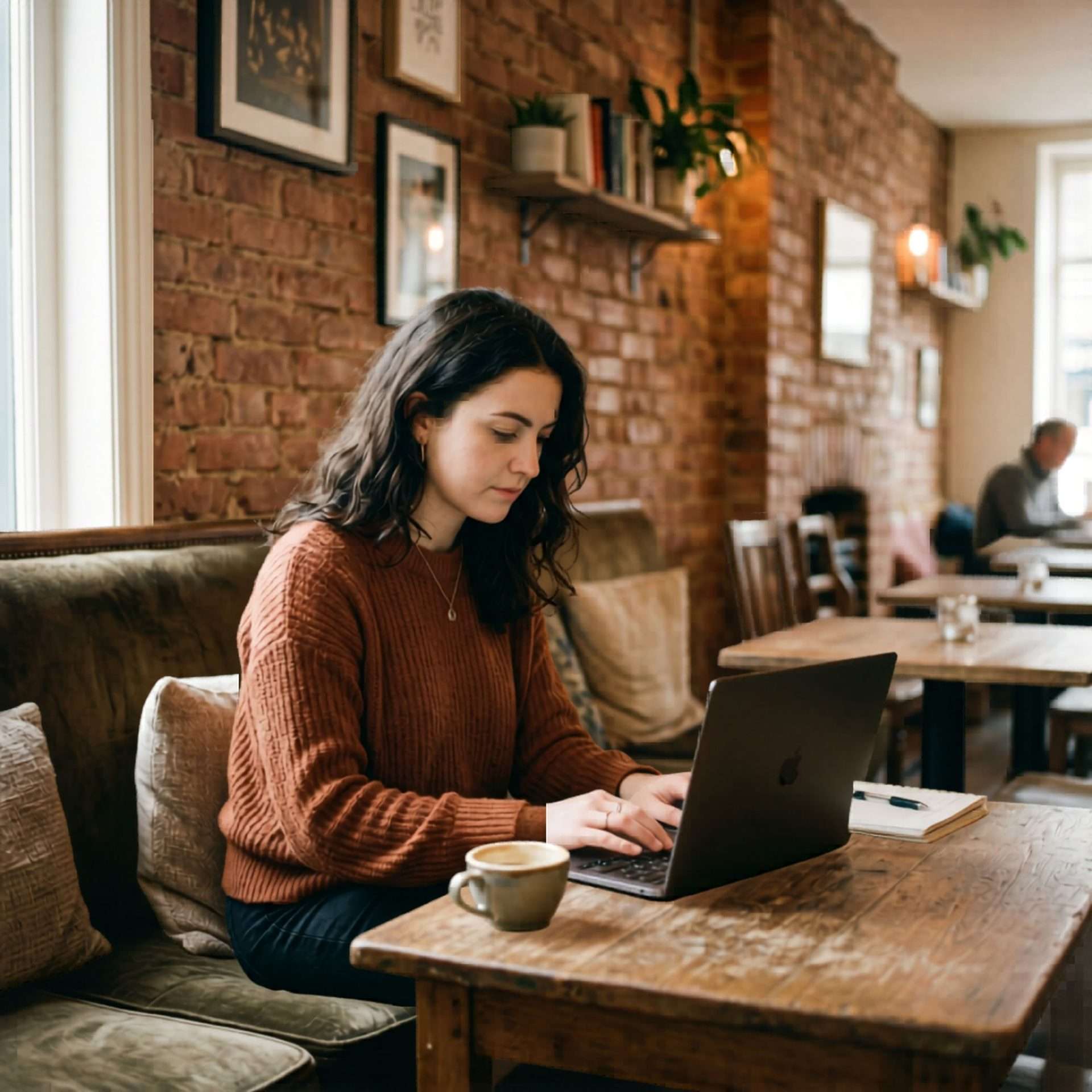 Woman working on laptop in cafe