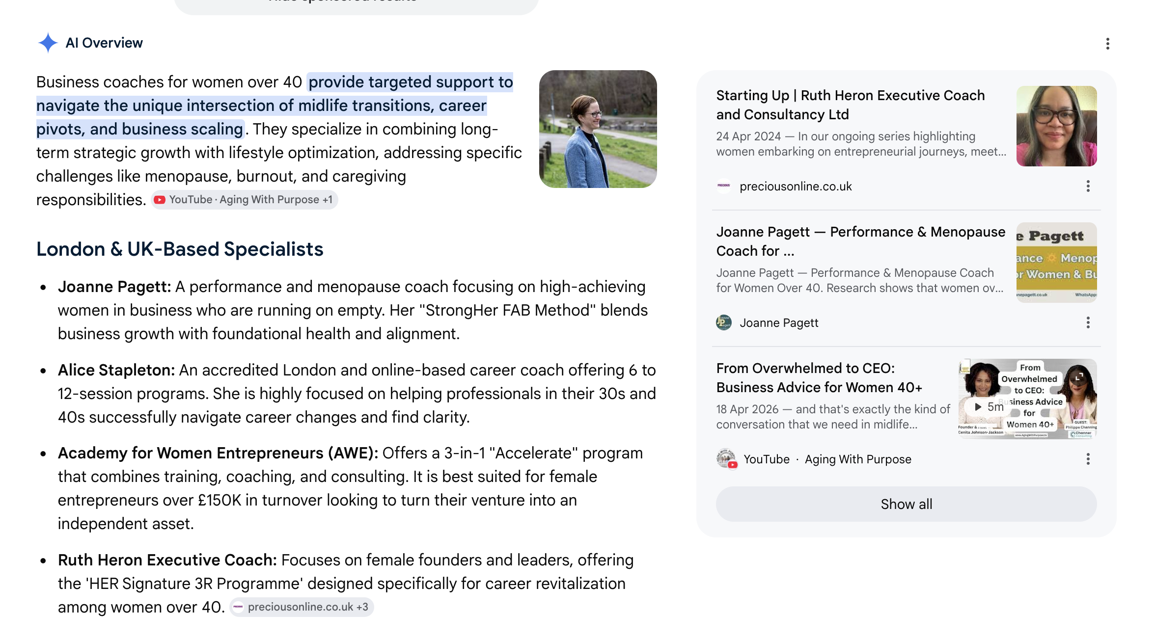 business coach for women over 40 Google AI recommendations