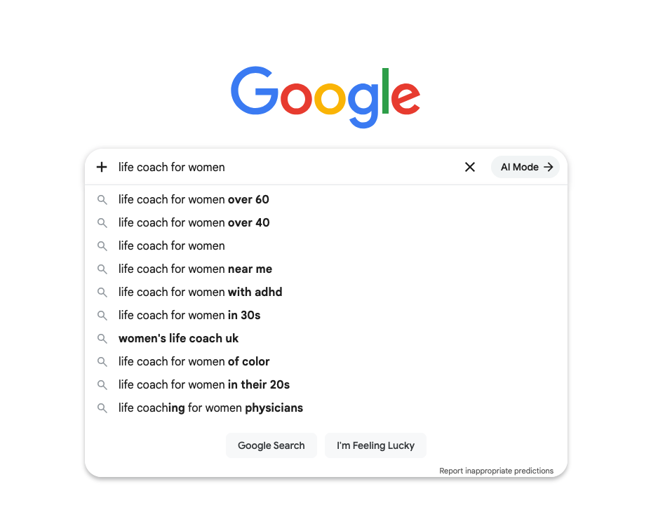 Life coach for women Google search screenshot